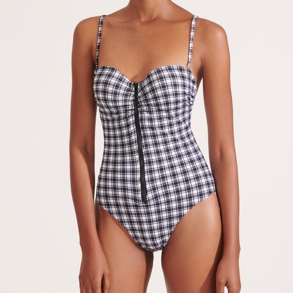 Veronica Beard checkered Mari Zip-Up Swimsuit XS NWT 345$ - Picture 2 of 5